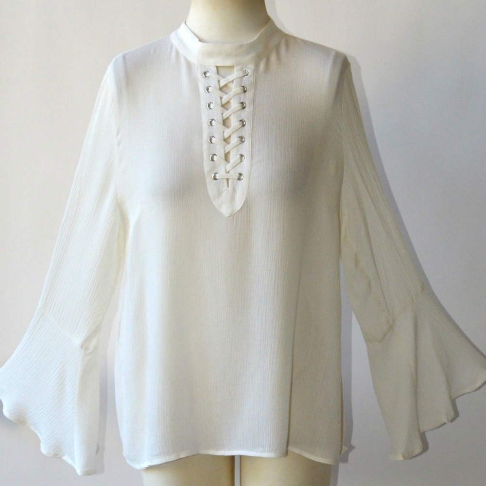 Lace Up Choker Neck Long Bell Sleeve Flowy Tunic - Picture 3 of 8